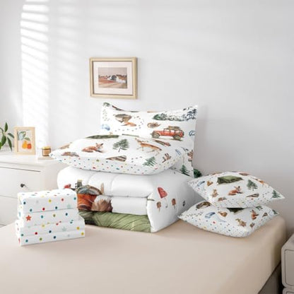 Erosebridal Wild Animal 7 Piece Bed in A Bag King Happy Camping Comforter Set Fox Deer Wildlife Woodland Animals Bedding Sets for Boys Girls Camper Car Western Cowboy Sheet Set with Comforter