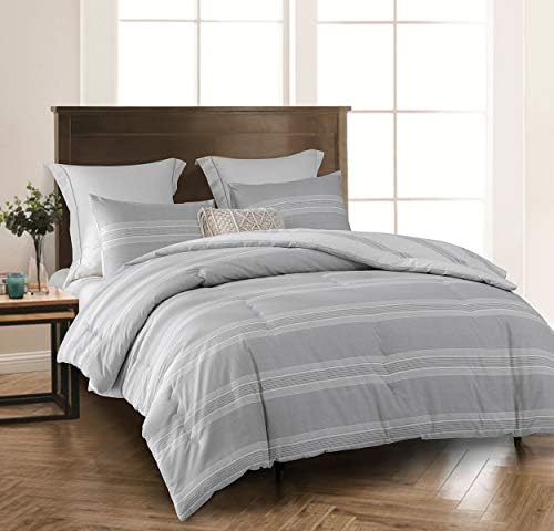 SLEEPBELLA Comforter King Size, 600 Thread Count Cotton Light Gray & White Stripes Reversible Pattern Grey Comforter Sets,Down Alternative Bedding Set 3Pcs (King, Grey Stripes)