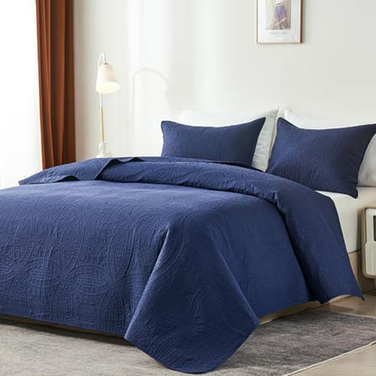 akkialla King Quilt Bedding Set,Navy Blue Ultrasonic King/Cal King Quilt Set,Lightweight Soft Bedspread Coverlet,Modern Style Coin Pattern Bed Cover for All Seasons,3 Piece(1 Quilt,2 Pillow Shams)