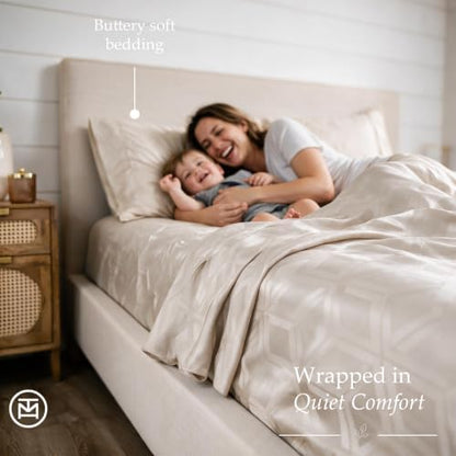 Threadmill 600 Thread Count Cotton Queen Sheet Set, Sateen, Jacquard, Beige