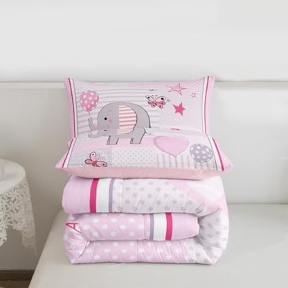 Homewish Cute Elephant Comforter Set Full Size,Balloon and Butterfly Bedding Set for Girls Women Adult Bedroom Decoration,Kids Geometric Bed Duvet Insert,Lovely Animals Comforter with 2 Pillowcase