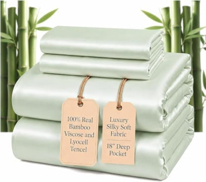 100% Real Bamboo Viscose & Lyocell Tencel Sheets Set King Size | Breathable & Cooling for Hot Sleeper | Luxury Silky Soft Fabric | 18" Deep Pocket with Corner Straps (Mineral, King)