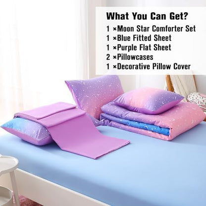 JQinHome Queen Girls Comforter Set,6 Piece Bed in A Bag 3D Purple Orange Glitter Bedding Set -All Season Microfiber Rainbow Bedding Sets for Girls Women
