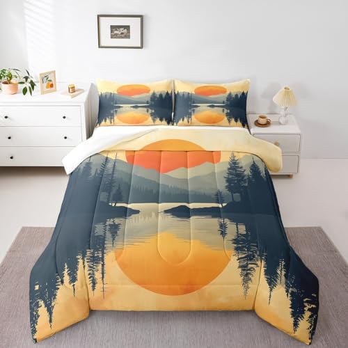 Sunset Bedding Set Twin Size,Mountain River Woodland Comforter Set for Kids Teens Adults Room Decor,Japanese Minimalism Style Duvet Insert 2Pcs,Nature Scenery Lake House Quilt Set,1 Pillowcase