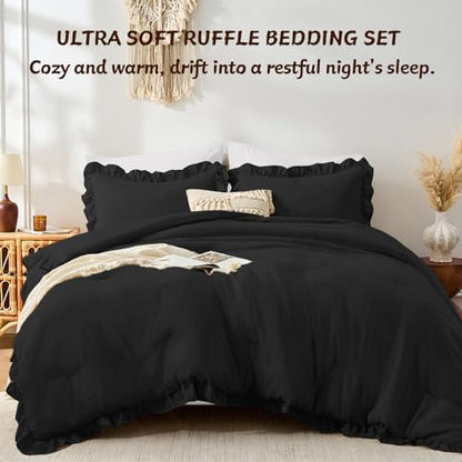 FUANNA Queen Comforter Set, 3 Pieces Bedding Sets, Ruffle Bed Set, Black