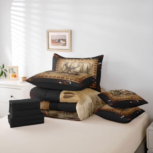 Erosebridal Elk Deer Bedding Set Full Rustic Deer Paw Comforter Set 7 Piece Vintage Farmhouse Cabin Bed in A Bag for Kids Boys Girls Country Lodge Wildlife Quilt with Flat Fitted Sheet