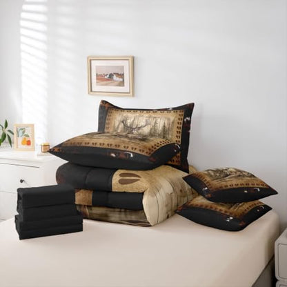 Erosebridal Elk Deer Bedding Set King Rustic Deer Paw Comforter Set 7 Piece Vintage Farmhouse Cabin Bed in A Bag for Adults Country Lodge Wildlife Quilt with Flat Fitted Sheet