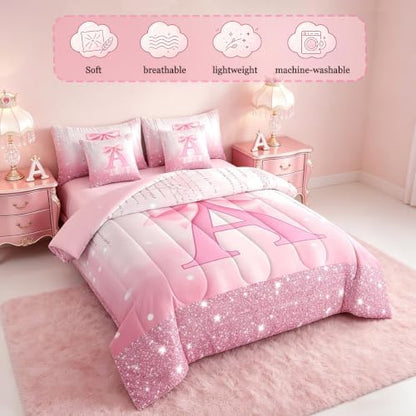 Feelyou Kids Pink Bowknot Bed in A Bag Queen Size, Personalized Initial A Comforter Set with Sheets Princess Glitter 7 Pieces Bedding Set Boys Girls Bow Alphabet Teens Bed Set Bedroom Decor 7Pcs
