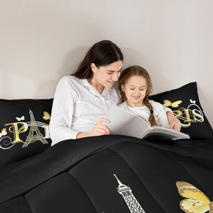 Eiffel Tower Comforter Chic Paris Theme Bedding Set for Kids Boys Girls Butterfly Paris Cityscape Printed Comforter Set Modern French Style Duvet Set Golden Black Bedroom Decor Quilt Set Full Size