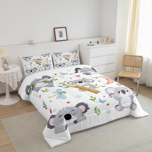 Homewish Cute Koala Comforter Set Twin Size,Kawaii Cartoon Animal Bedding Sets for Kids Girls Boys Adult Room Decor,Tropical Leaves Down Comforter Butterfly Dragonfly Paw Print Quilt Set,1 Pillowcase