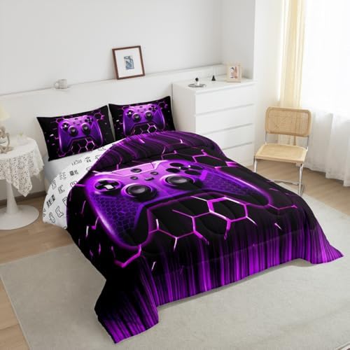 Manfei Geometric Gamepad Comforter Set Twin Size, Modern Gamer Bedding Set 2pcs for Kids Boy Girls Game Room Decor, Purple Honeycomb Gaming Down Comforter Videogame Quilt Set with 1 Pillowcase