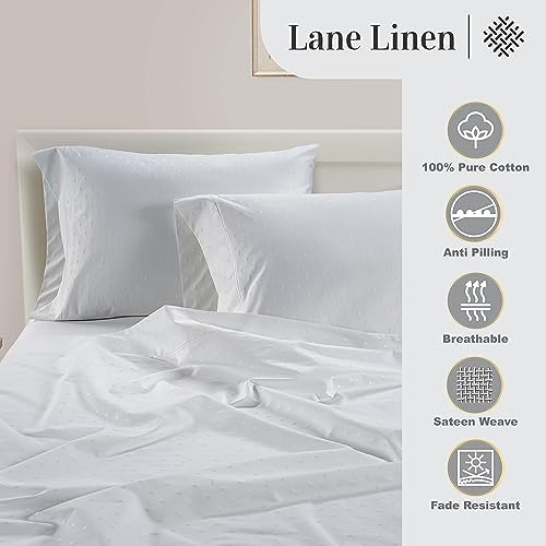 LANE LINEN Deep Pocket Queen Sheets Sateen Weave - White Swiss Dot