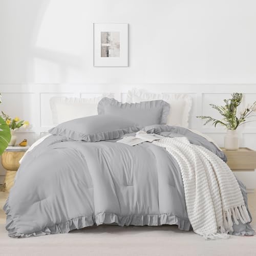 Andency Silver Gray Queen Comforter Set, 3 Pieces Shabby Chic Bedding