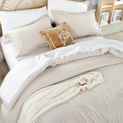 weigelia Beige Queen Comforter Set with Sheets - 7 Piece Bed in a Bag Queen