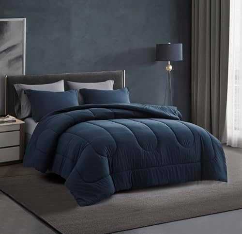Maple&Stone Full Comforter Set 7 Pieces Bed in a Bag Navy Bedding Set