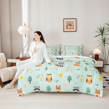Feelyou Cute Fox Owl 7 Piece Bedding Set Zoo Animal Comforter Set with Sheets for Kids Boys Girls Cute Flower Bed in a Bag Green Orange Bed Set Soft Lightweight