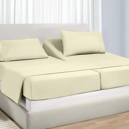 NON Sticky cotton Adjustable Split King Sheet Set for Sleep Number Beds, Premium 100% Long Staple Cotton Bedding, Two Twin XL 39" X 80" Fitted Sheets Fits Up to 18" Deep Mattress, Ivory Solid