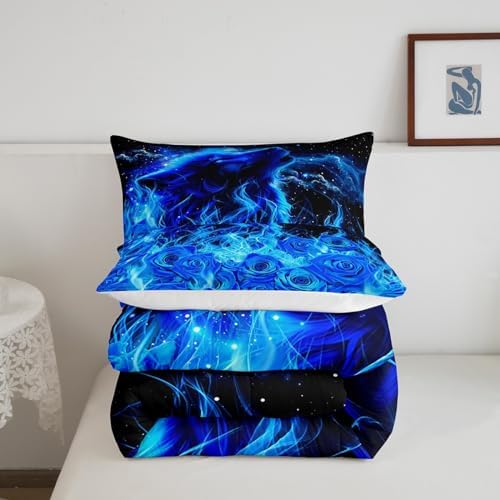 Wolf Sky Comforter Girls Teens 3D Rose Floral Duvet Set Full Size Home Decor Soft Blue Flame Bedding Comforters Romantic Starry Sky All Season Adult Bedroom Down Duvet,1 Comforter with 2 Pillowcase