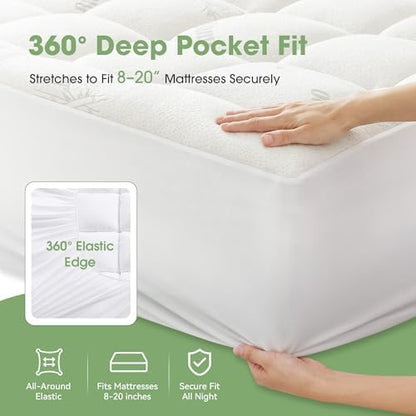 Mattress Pad King Size, Cooling Pillow Top Mattress Topper, Ultra Soft Viscose Made from Bamboo, Breathable for Hot Sleepers, Deep Pocket 8"-20", White