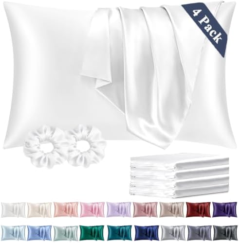 Vielit Standard Satin Pillowcase for Hair 4 Pack, Similar to Silk Pillow Cases, Easier Care Than Silk Pillowcase, Gifts for Women Men - White, 20x26 & Envelope Closure and 2 Satin Scrunchies