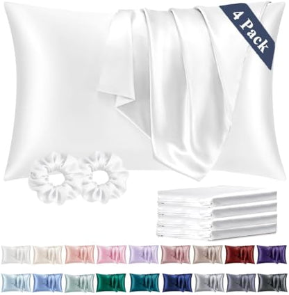 Vielit King Satin Pillowcase for Hair 4 Pack, Similar to Silk Pillow Cases, Easier Care Than Silk Pillowcase, Gifts for Women Men - White, 20x36 & Envelope Closure and 2 Satin Scrunchies