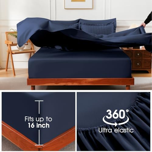 FreshCulture Comforter Set Seersucker 7 Pieces, All Season Bedding Set Full, Bed in a Bag Comforter Set with 1 Comforter, 1 Flat Sheet, 1 Fitted Sheet, 2 Pillowcases and 2 Pillow Shams, Navy