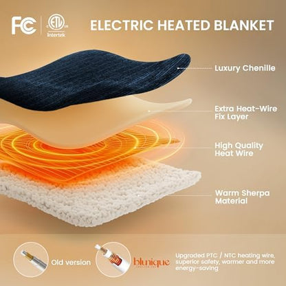 Heated Throw Blanket, 50"x60"Ultra Soft Cozy Chenille Electric Blanket with 10 Heating Levels & 2-10H Auto-Off, Fasting Heating for Couch/Bed, ETL Certified, Machine Washable(Navy)