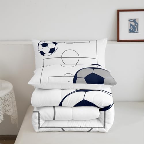 Football Kids Boys Comforter Set Full Size, Soccer Ball Pattern Bedding Set for Teens Bedroom Sports Theme Down Comforter Breathable Football Court Duvet Set Gamer Room Decor Polyester Quilt Set