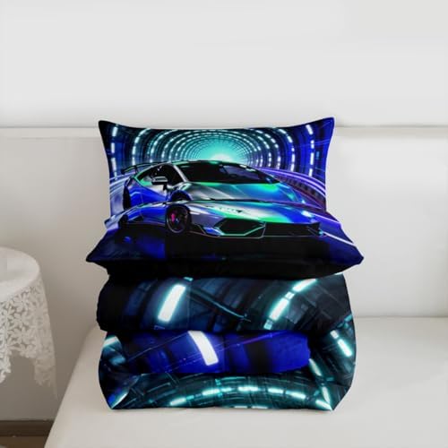 Feelyou Boys Sports Car Bedding Set Soft for Boys Girls, Speed Sports Comforter Set Full Size Blue Racing Car Duvet Quilt Microfiber Extreme Bedroom Decor 3 Pcs with 2 Pillow Cases
