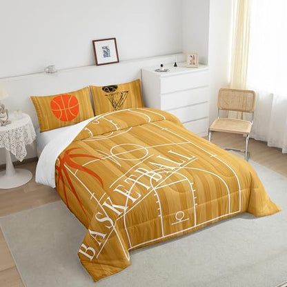Erosebridal Basketball Comforter Full for Boys Kids Sports Bedding Set, Basketball Court Down Comforter Brown Bed Set, Ball Game Gaming Gamer Quilted Duvet (1 Comforter + 2 Pillowcase)