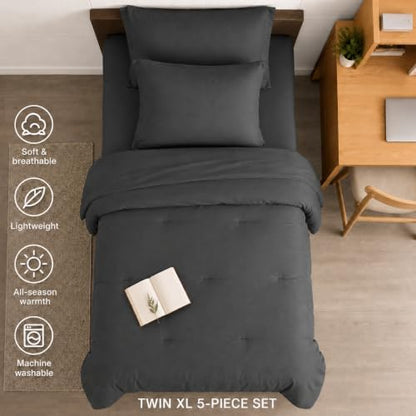 HIMEET Twin Comforter Sets, 5-Piece Point-Quilted Bed in a Bag, Dark Grey