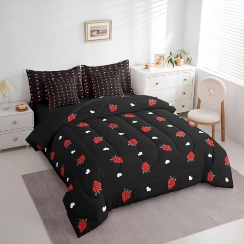 Erosebridal Kawaii Strawberry Queen Size Comforter Set, Cute Fruits Theme Sweet 7-Piece Bed in A Bag, Red Black Sheets and Pillowcases, Heart Pattern Bedding Set Room Decor