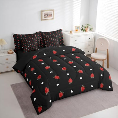 Erosebridal Kawaii Strawberry Queen Size Comforter Set, Cute Fruits Theme Sweet 7-Piece Bed in A Bag, Red Black Sheets and Pillowcases, Heart Pattern Bedding Set Room Decor