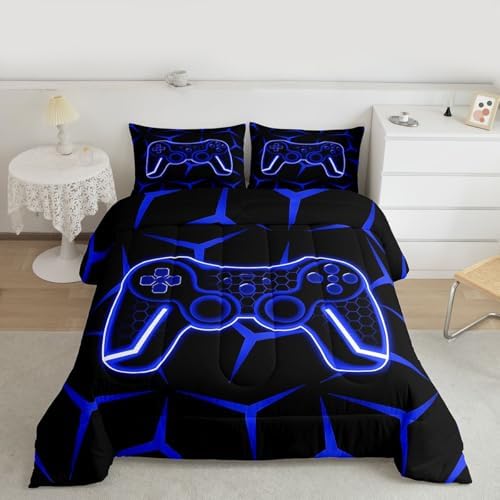 Feelyou Gamer Bedding Set Queen Size Gaming Duvet Quilt for Kids Teens Adults Game Controller Comforter Set Geometric Gamepad Blue Room Decor 3Pcs with 2 Pillow Case