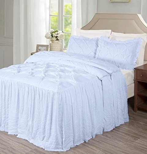 Chezmoi Collection Aria 3-Piece Pinch Pleat Pintuck Ruffle Skirt Bedspread Set - French Country Chic Farmhouse - King, White