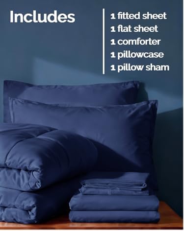 Twin Comforter Set - 5 Piece Reversible Bed in a Bag - Navy Blue/Sky Blue