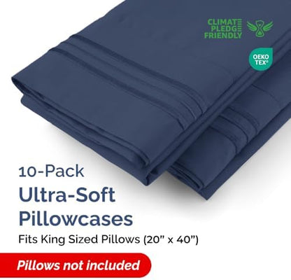 King Pillow Cases Set of 10 - Ultra Soft Pillowcase Covers - Navy Blue