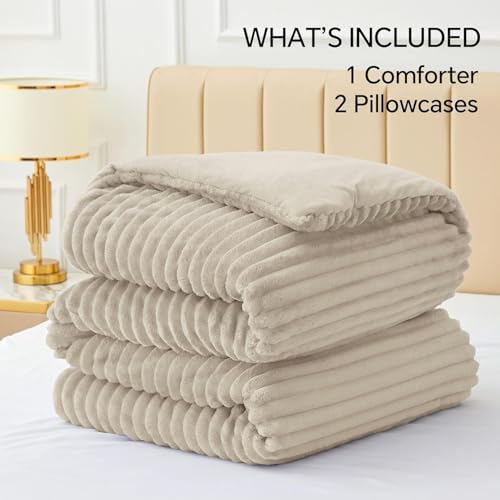 BEDELITE Fleece Full Comforter Set, Fluffy Bed Set, Linen