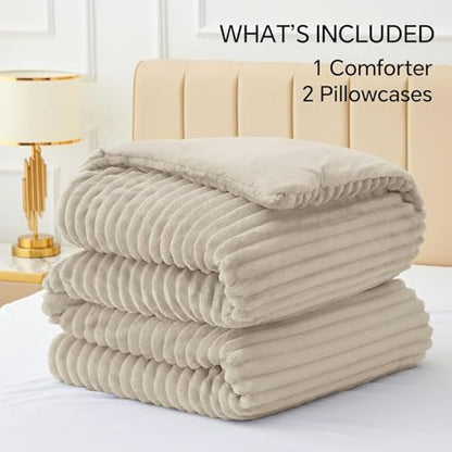 BEDELITE Fleece Full Comforter Set, Fluffy Bed Set, Linen