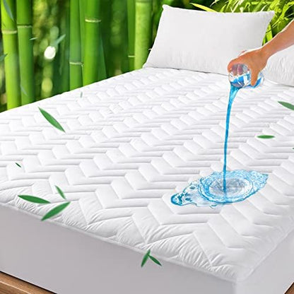 Unilibra Twin Size Waterproof Mattress Pad Rayon Made from Bamboo, Quilted Breathable Mattress Protector, 6''-19'' Deep Pocket Fitted Mattress Cover White
