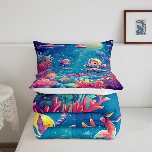 Homewish Underwater World Bedding Set Queen Size,Cartoon Submarine Comforter Set 3Pcs for Kids Girls Boys Teens Room Decor,Colorful Coral Fish Quilt Set Dreamy Ocean Duvet Insert,2 Pillowcases