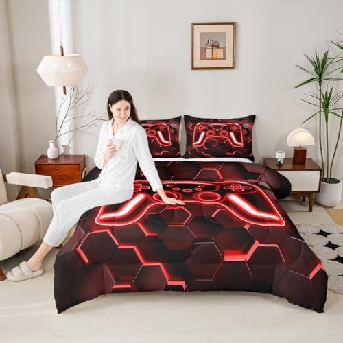 Erosebridal Gaming Comforter Set Neon Honeycomb Gamer King Bedding Set, Video Game Consoles Comforter Red Hexagon Lights Duvet Insert,Kids Bedroom Decor