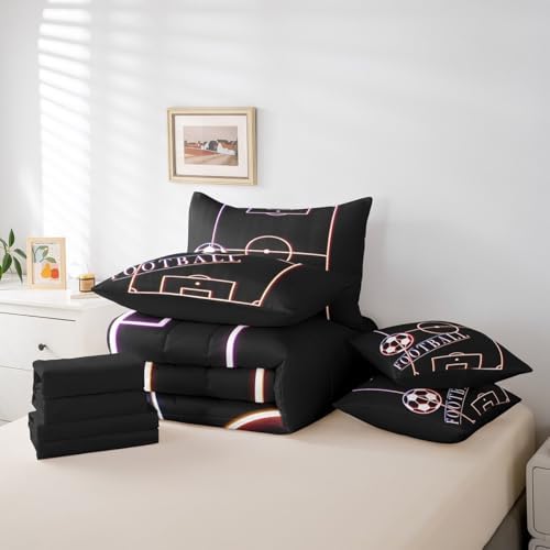 Football Bedding Comforter Sets 7pcs Sport Bed in a Bag Glowing Soccer Field Queen Bedding Sets Sports Gamer Comforter Set Purple Pink Red Bedding Sets & Collections for All Season Kids Bedroom Decor