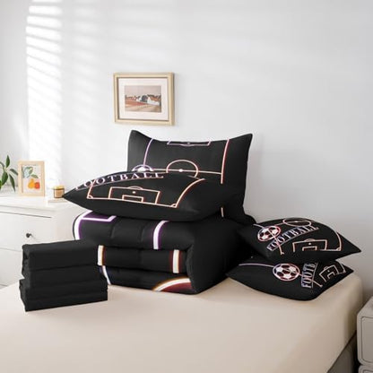 Erosebridal Football Full Comforter Set 7PcsSport Bedding Comforter Sets, Glowing Soccer Field Bed in a Bag Sports Gamer Bedding Set, Purple Pink Red Bed Sheets Set for All Season Kids Bedroom Decor