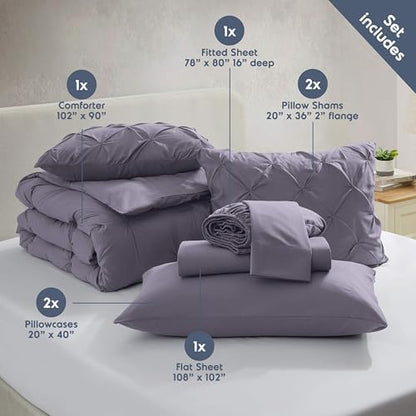 Nestl 9 Piece King Comforter Set – Grayish Purple Pinch Pleated Bed in a Bag – Complete King Size Bedding Set with Sheets, Set of 2 Cooling Pillows, Pillowcases and Shams