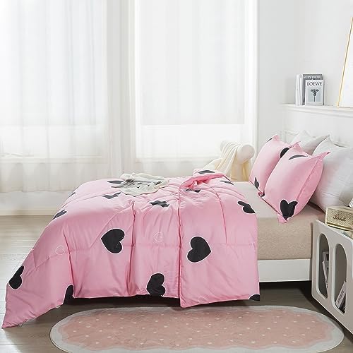 Caressma Pink Comforter Set King Size Black Heart Set 3pcs with Pillowsham