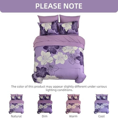 Luxudecor Floral Comforter Set King, 7 Pieces Lavender Purple Bedding Set