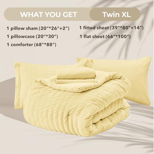 HYMOKEGE Yellow Twin XL Comforter Set Seersucker 5 Pieces, All Season Luxury Bed in a Bag for Bedroom, Bedding Set with Comforter, Sheets, Pillowcase & Sham