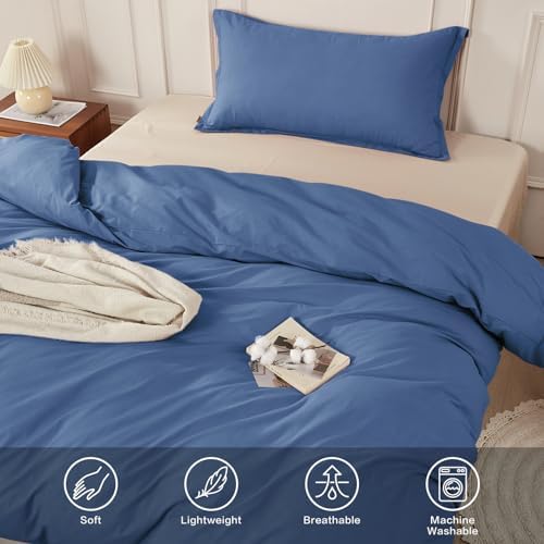 SAPHREAS 100% Washed Cotton Duvet Cover Twin Size Set, Linen Like Comforter Cover with Zipper Closure & Corner Ties (No Comforter), 68x90 Navy Blue