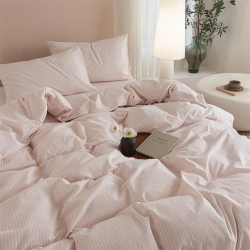 JIYUAN King Washed Cotton Duvet Cover Set, 3-Piece, Linen-Like Pinstripe